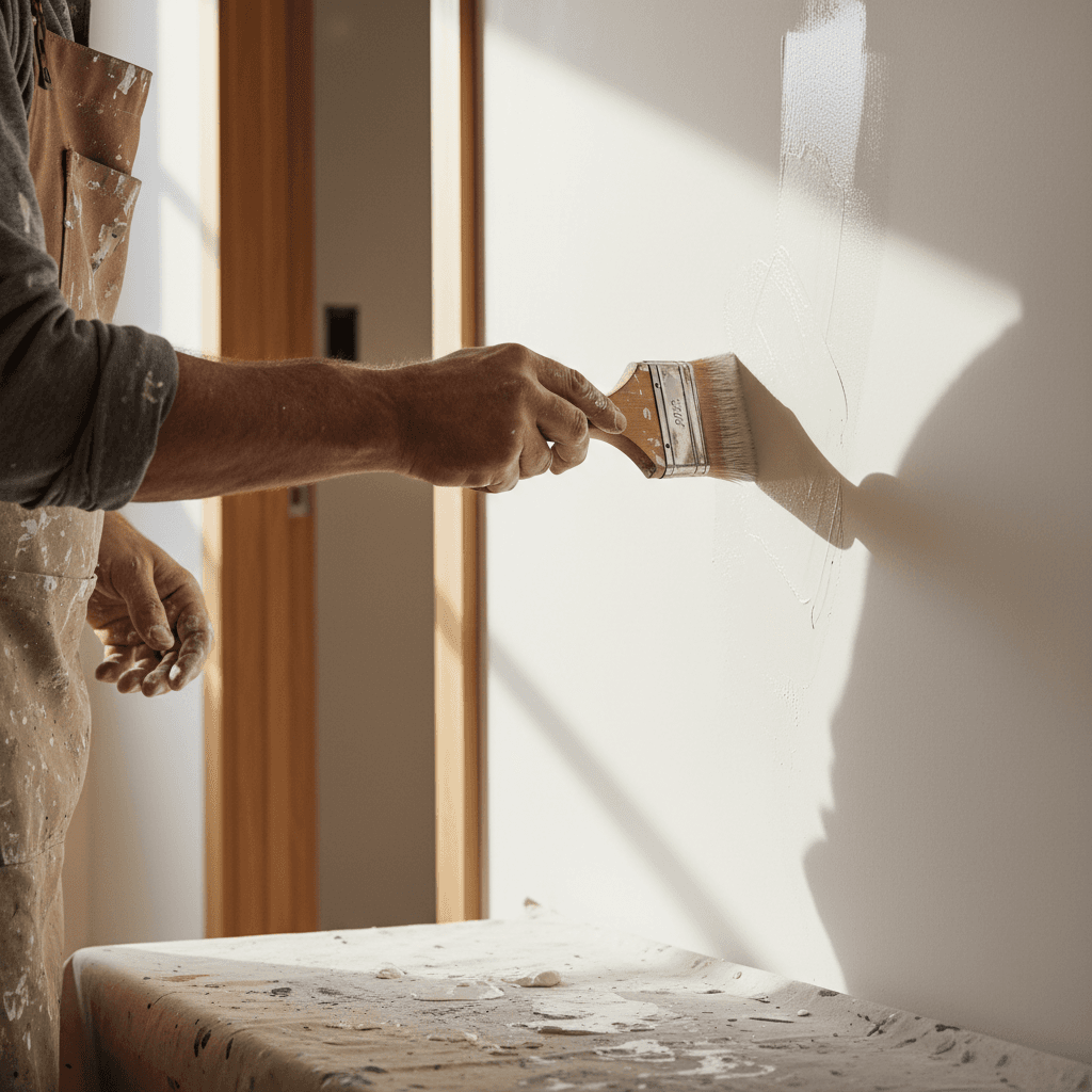 A painter carefully sanding a wall before painting, with protective drop cloths on the floor