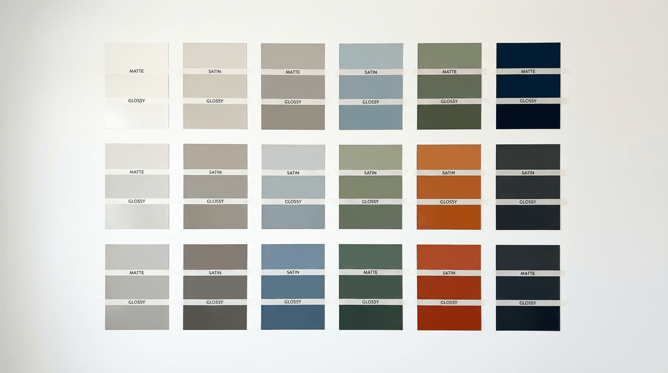 Multiple paint color swatches on a wall being considered in natural daylight