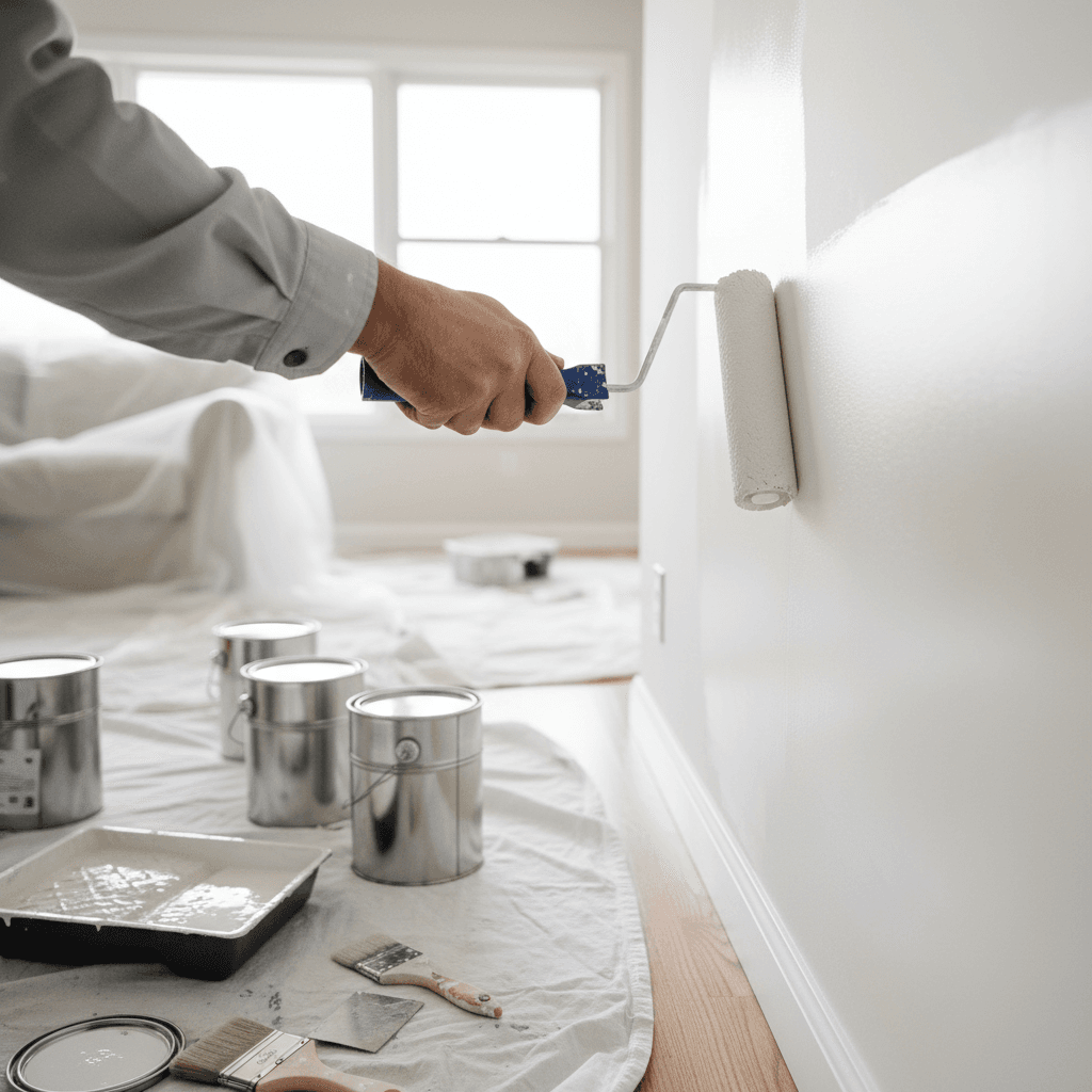 Professional painter applying paint to a white interior wall in a bright, modern room