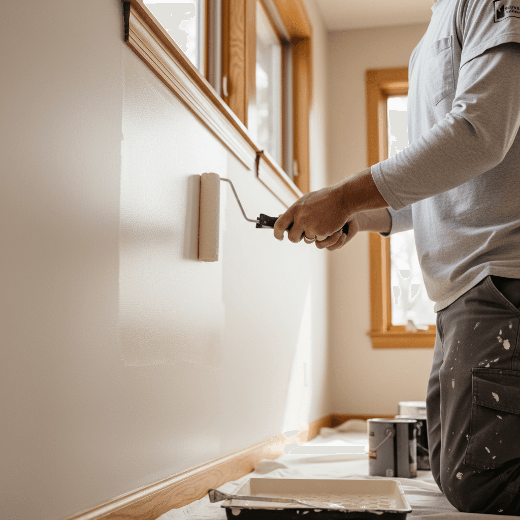 Professional painter holding a paint roller inside a freshly painted room