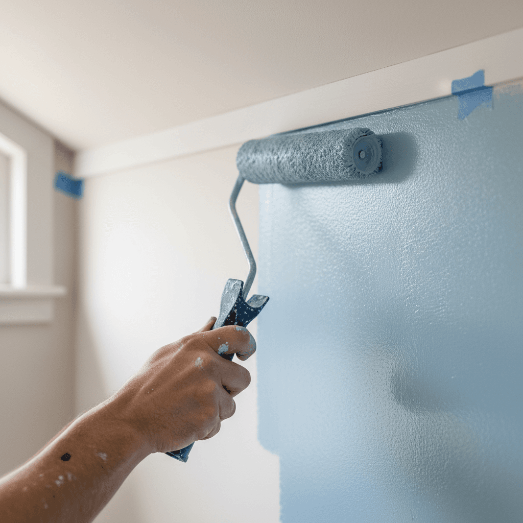 A painter rolling paint onto the exterior weatherboard of a house