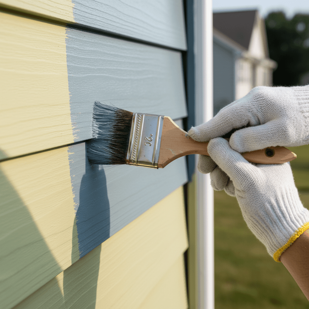 Professional painter applying paint to house exterior with brush and roller in sunny backyard